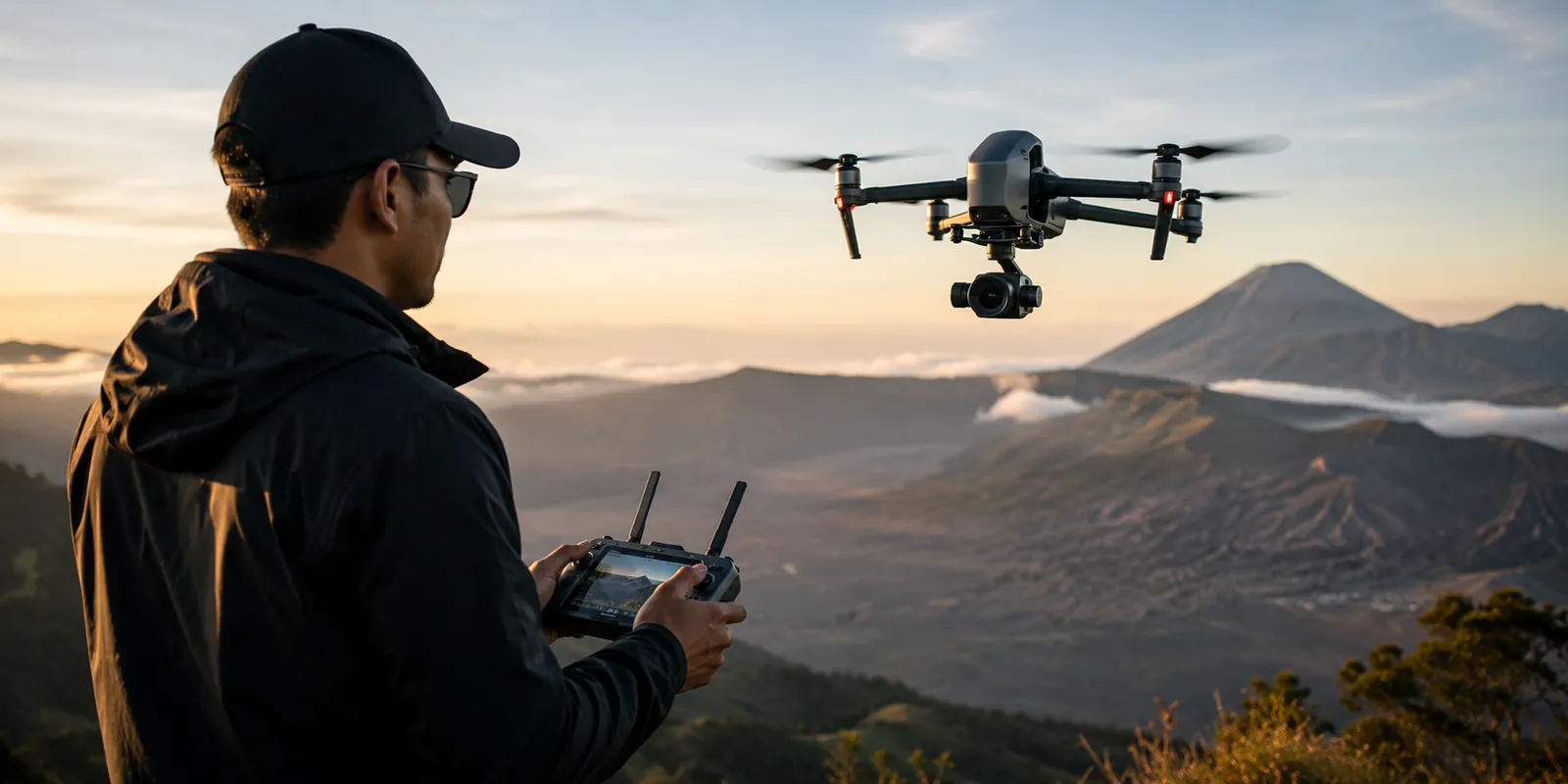 Pilot mengoperasikan drone untuk sewa drone, foto dan video udara